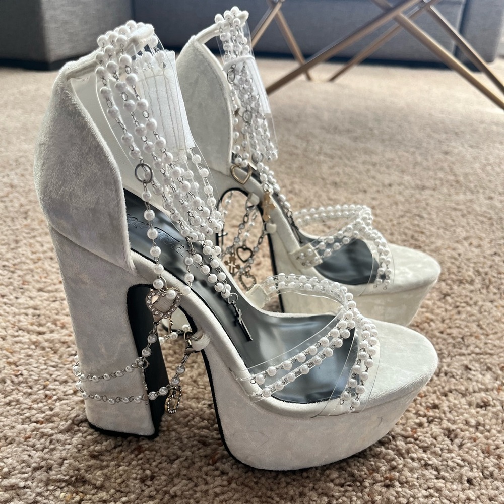 Dolls Kill White Platform Heels with Pearl Accents